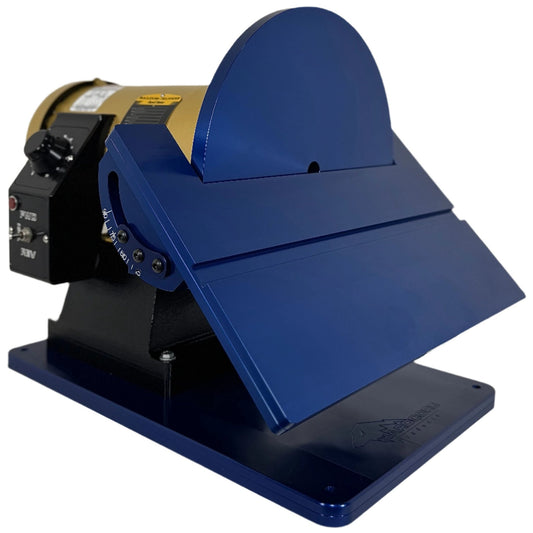 Angled front view of 12-inch disc grinder with the work rest table pivoted down at 45 degrees