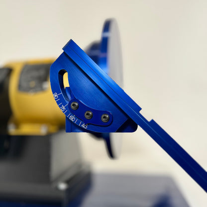 Close-up of adjustable work rest on 12" disc grinder for precise angle grinding