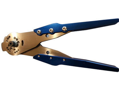Perspective shot of screw cutter in open position, featuring blue handles and steel housing cutting mechanism.